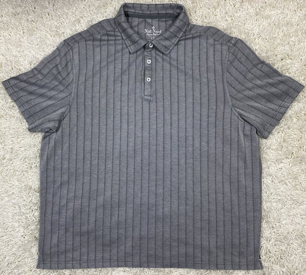 Nat Nast Luxury Originals Polo Shirt Mens XXL 2XL Gray Black Stripe Golf Rayon